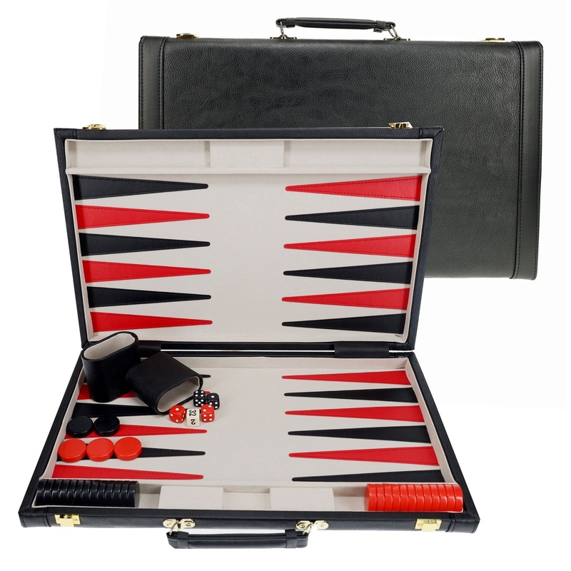 Backgammon: 21" Black Leatherette/Grey Stripe